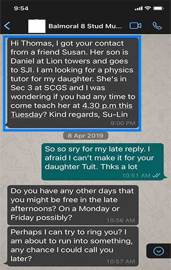 Screenshot of a referral message about Physics tuition