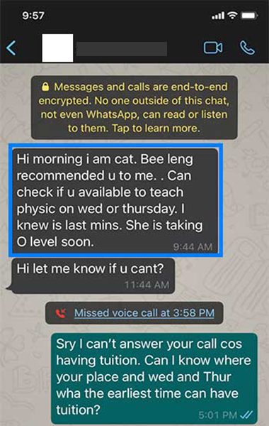 Screenshot of a referral message naming Bee Leng