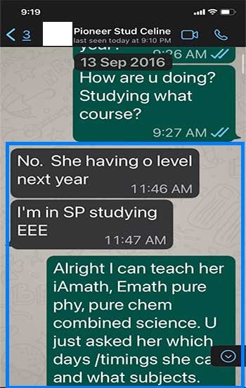 Screenshot of a message about Celine, now at Singapore Polytechnic