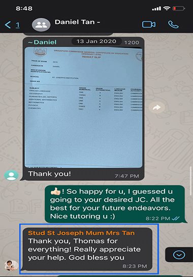 Screenshot of a thank-you message from Daniel's mother