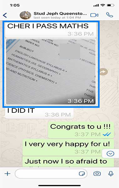 Screenshot of Jeph's own message after passing his Math exam