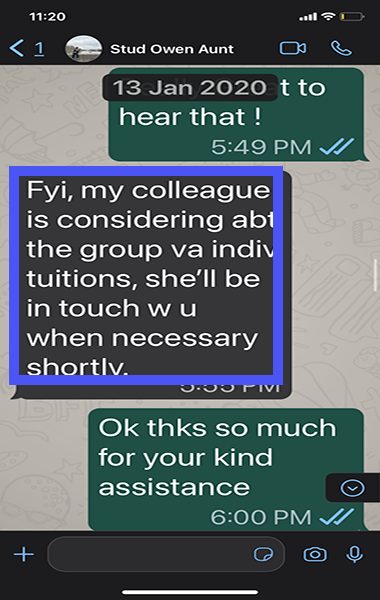 Screenshot of a message from Owen's aunt