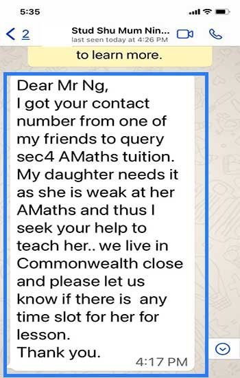 Screenshot of a referral message from Shu's mum