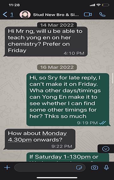 Screenshot of a message about Yong An's Chemistry tuition